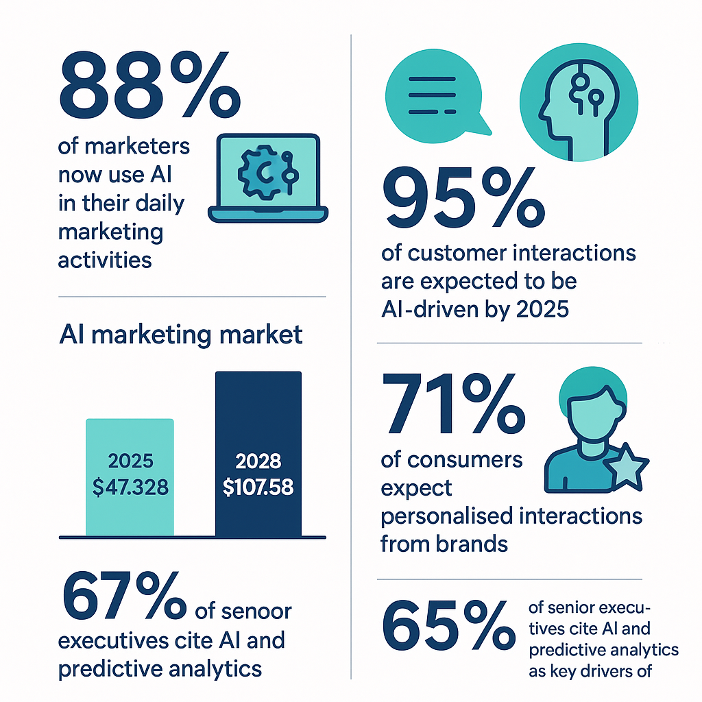 Infographic showing 2025 digital marketing statistics including 88% AI adoption and 95% AI-driven customer interactions