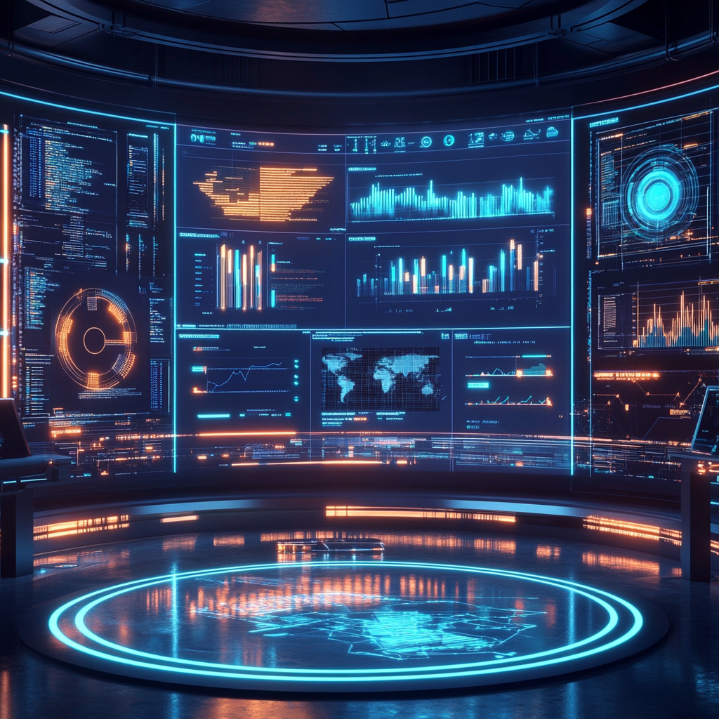 Digital marketing workspace showing AI analytics dashboards and SEO trend graphs for 2025 marketing strategies