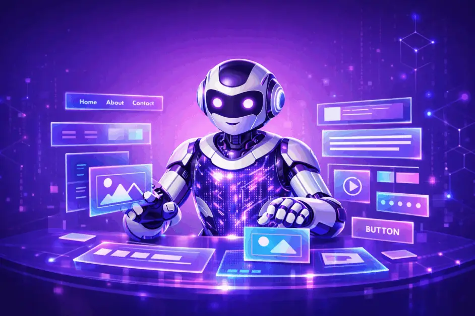 AI robot building a website using holographic interface